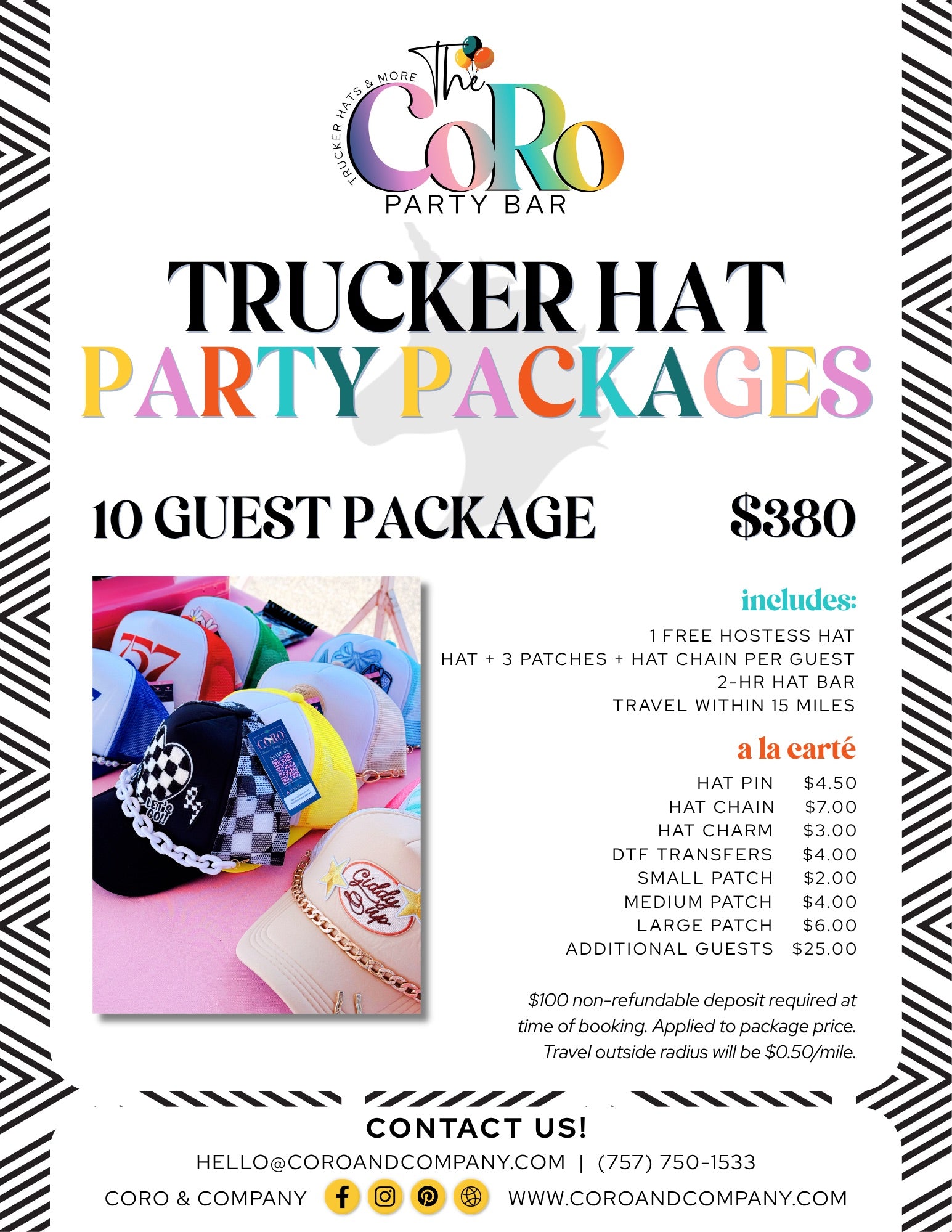 Trucker hat party package flyer for The CoRo Party Bar with colorful text and images of hats.