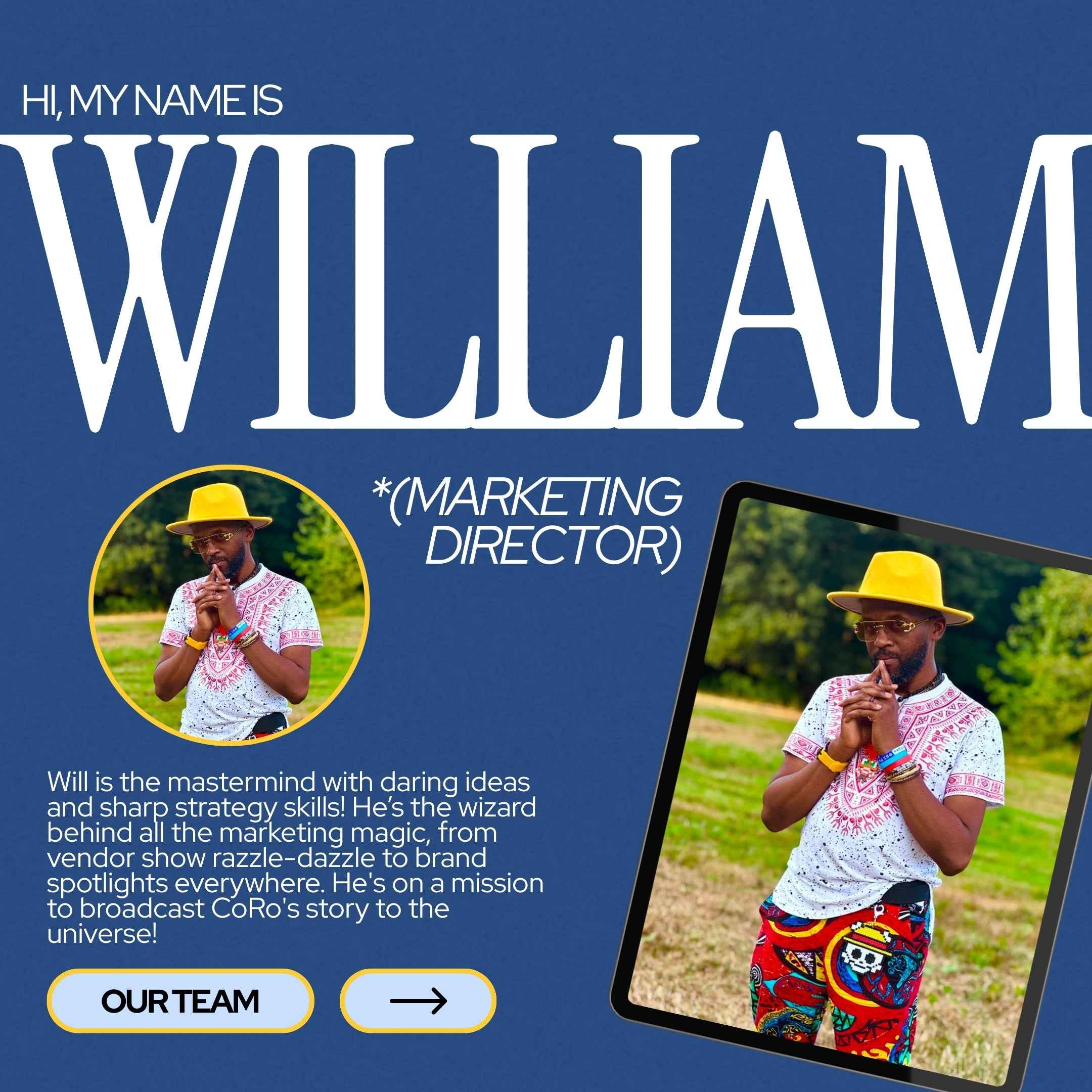 Promotional graphic for a marketing director named William with text and images of a person outdoors.